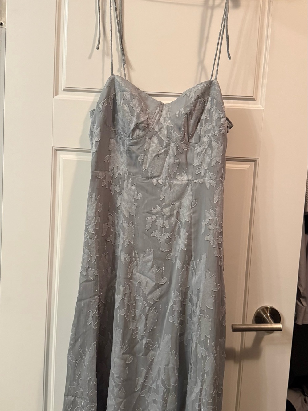 Lulu's Silver Floral Lace Midi Dress with Spaghetti Straps